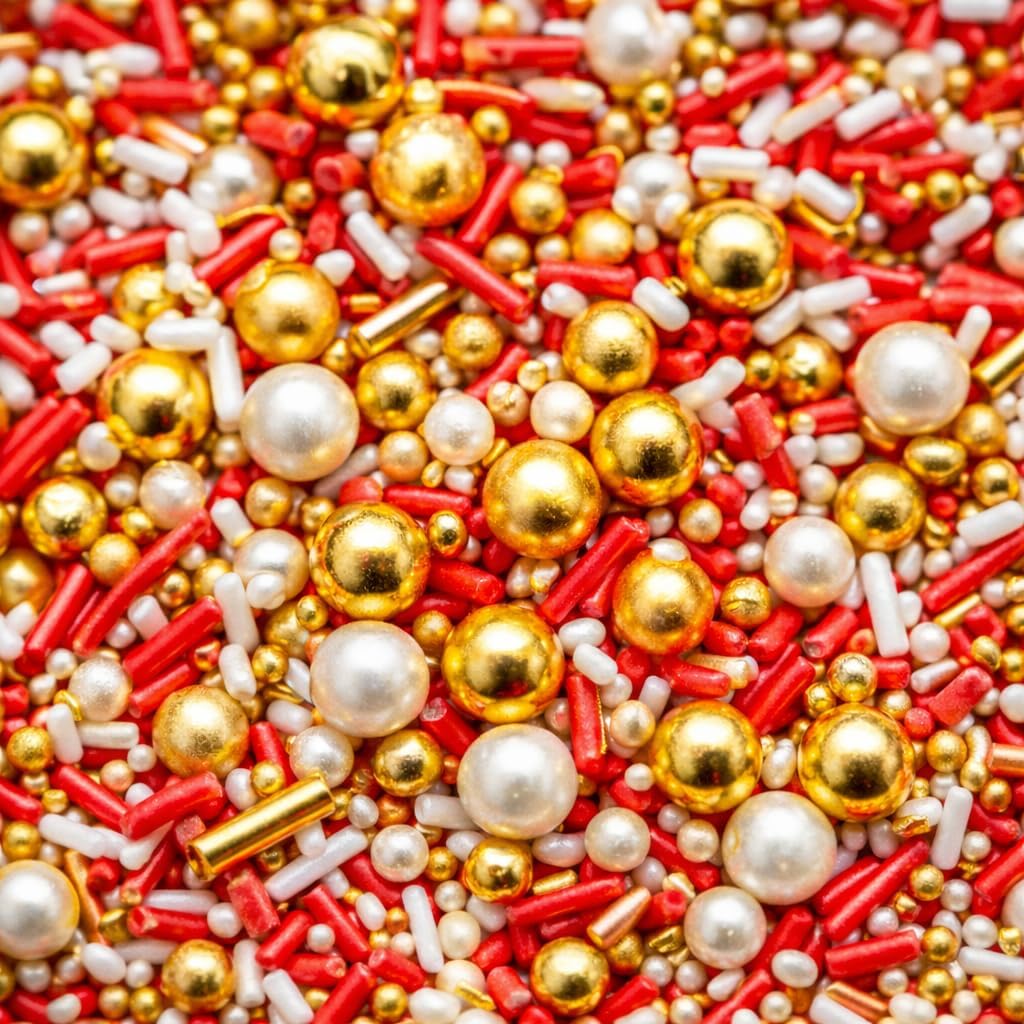 Confect Red, White & GRed White Gold Sprinkle Mix – Bake Stable Non Bleeding Edible Pearls & Metallic Dragees for Cake Decorating, Cupcakes, Cookies & Desserts (4.2 oz)