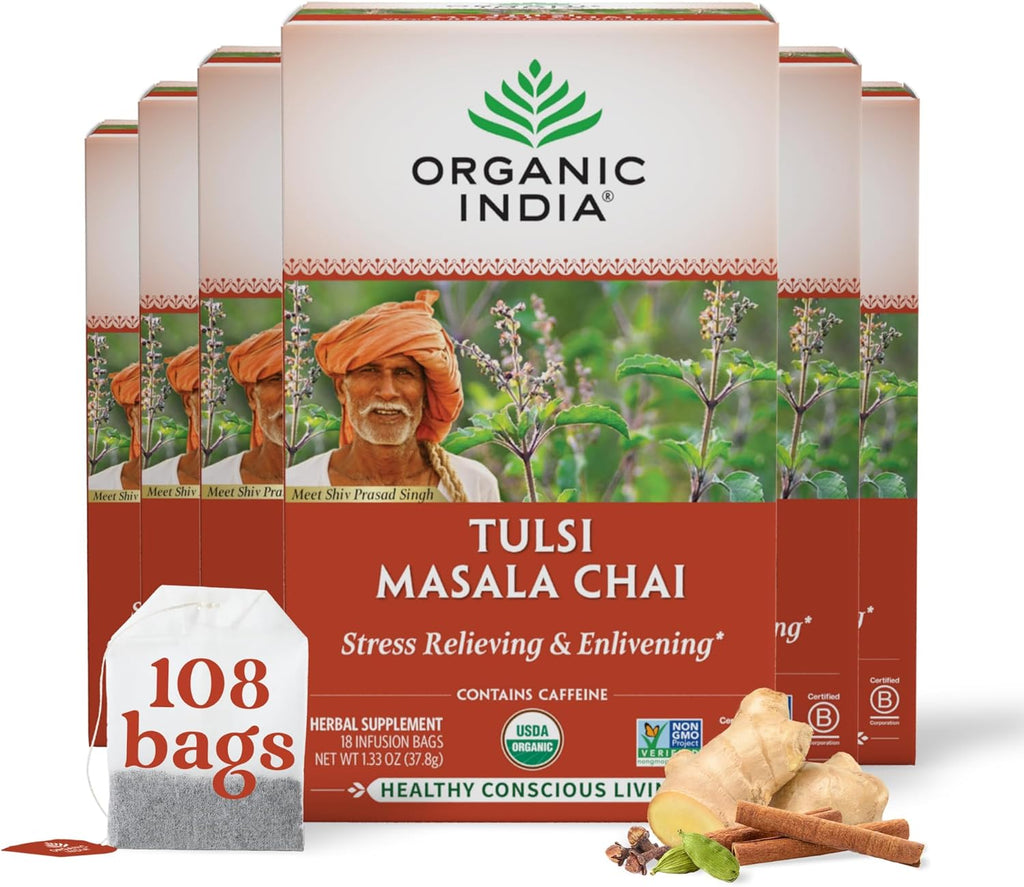 Organic India Tulsi Masala Chai Tea Bags - Holy Basil, Black Tea, Spices with Ginger, Stress Relieving, Immune Support, USDA Certified Organic, Antioxidant, Caffeinated - 18 Infusion Bags, 6 Pack