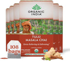 Organic India Tulsi Masala Chai Tea Bags - Holy Basil, Black Tea, Spices with Ginger, Stress Relieving, Immune Support, USDA Certified Organic, Antioxidant, Caffeinated - 18 Infusion Bags, 6 Pack