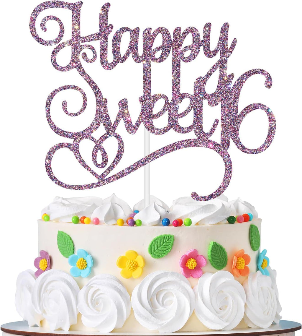 Happy Sweet 16 Cake Topper, Sweet 16 Birthday Decorations, Happy 16th Birthday Decorations for Girls/Boys Purple Glitter