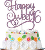 Happy Sweet 16 Cake Topper, Sweet 16 Birthday Decorations, Happy 16th Birthday Decorations for Girls/Boys Purple Glitter