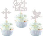 24 Pack God Bless Cupcake Toppers Glitter Cross Angel Cupcake Picks Religious Faith God Bless Cupcake Decorations Theme Baby Shower Kids Birthday Party Cake Decorations Supplies Silver