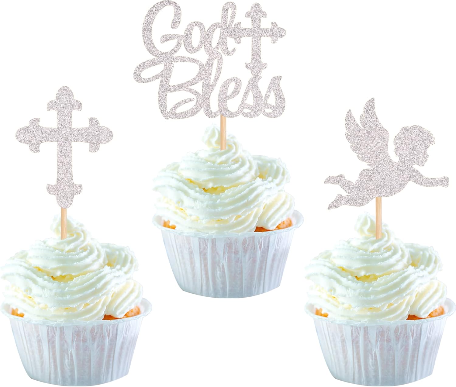 24 Pack God Bless Cupcake Toppers Glitter Cross Angel Cupcake Picks Religious Faith God Bless Cupcake Decorations Theme Baby Shower Kids Birthday Party Cake Decorations Supplies Silver