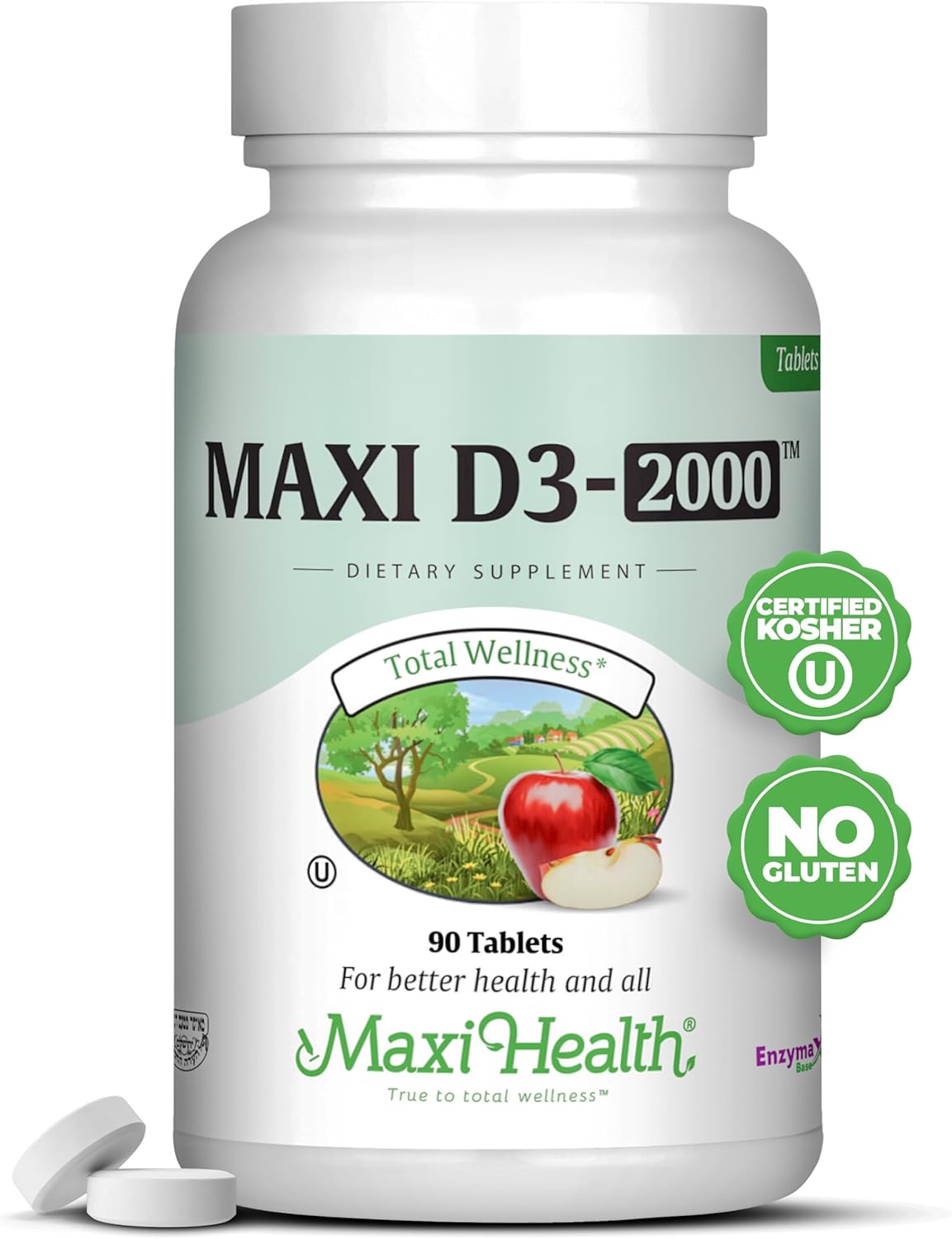 Maxi Health Vitamin D3 2000IU Tablets – Immune Support, Bone Health, and Muscle Function – Vitamin D 2000 IU Supplement for Adults – Kosher, Easy-to-Swallow, 90 Tablets