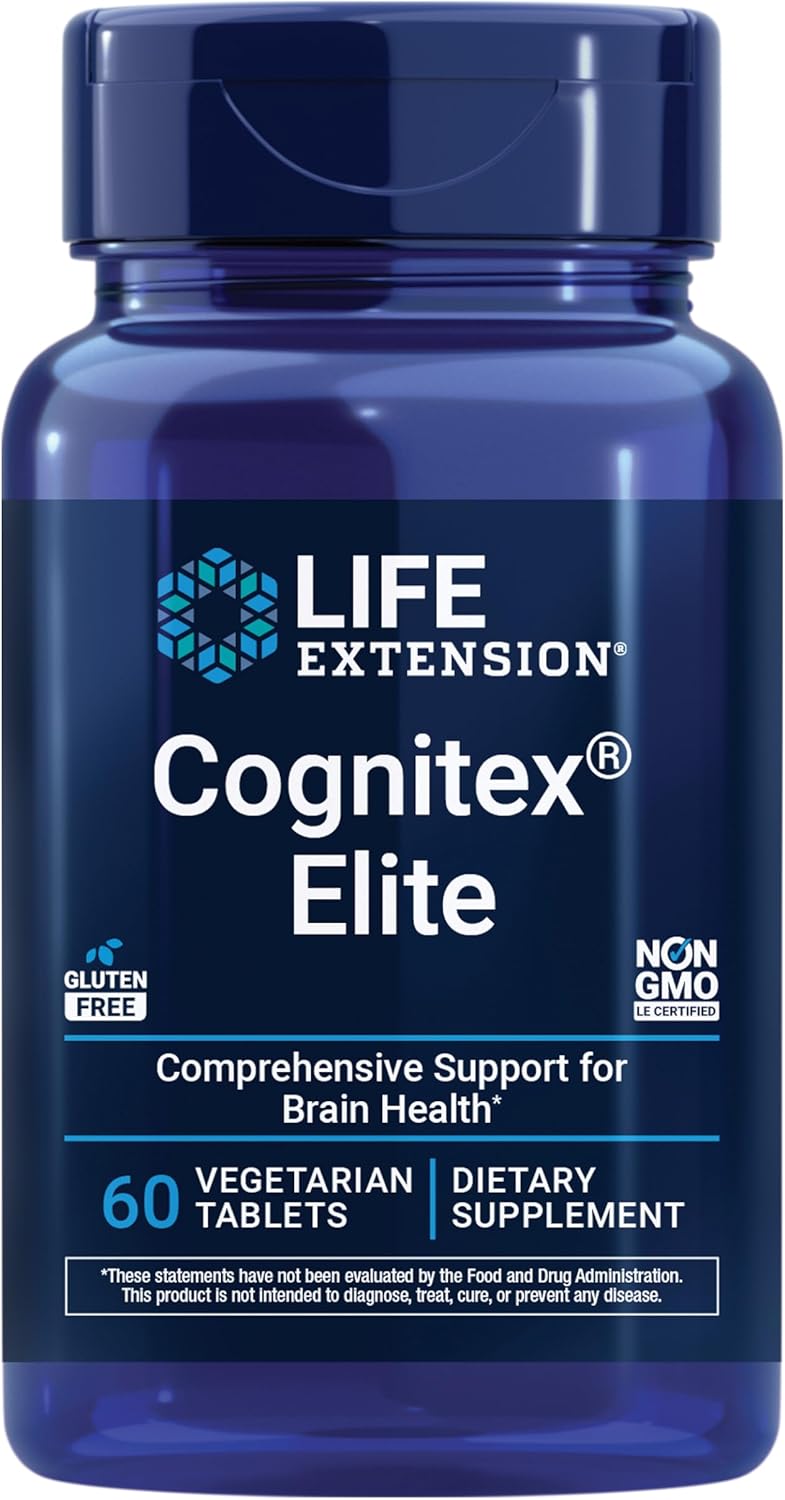 Life Extension Cognitex® Elite, sage, Blueberry, ashwagandha, phosphatidylserine, vinpocetine, Attention, Focus, Mood & Memory, Gluten-Free, Non-GMO, Vegetarian, 60 Tablets