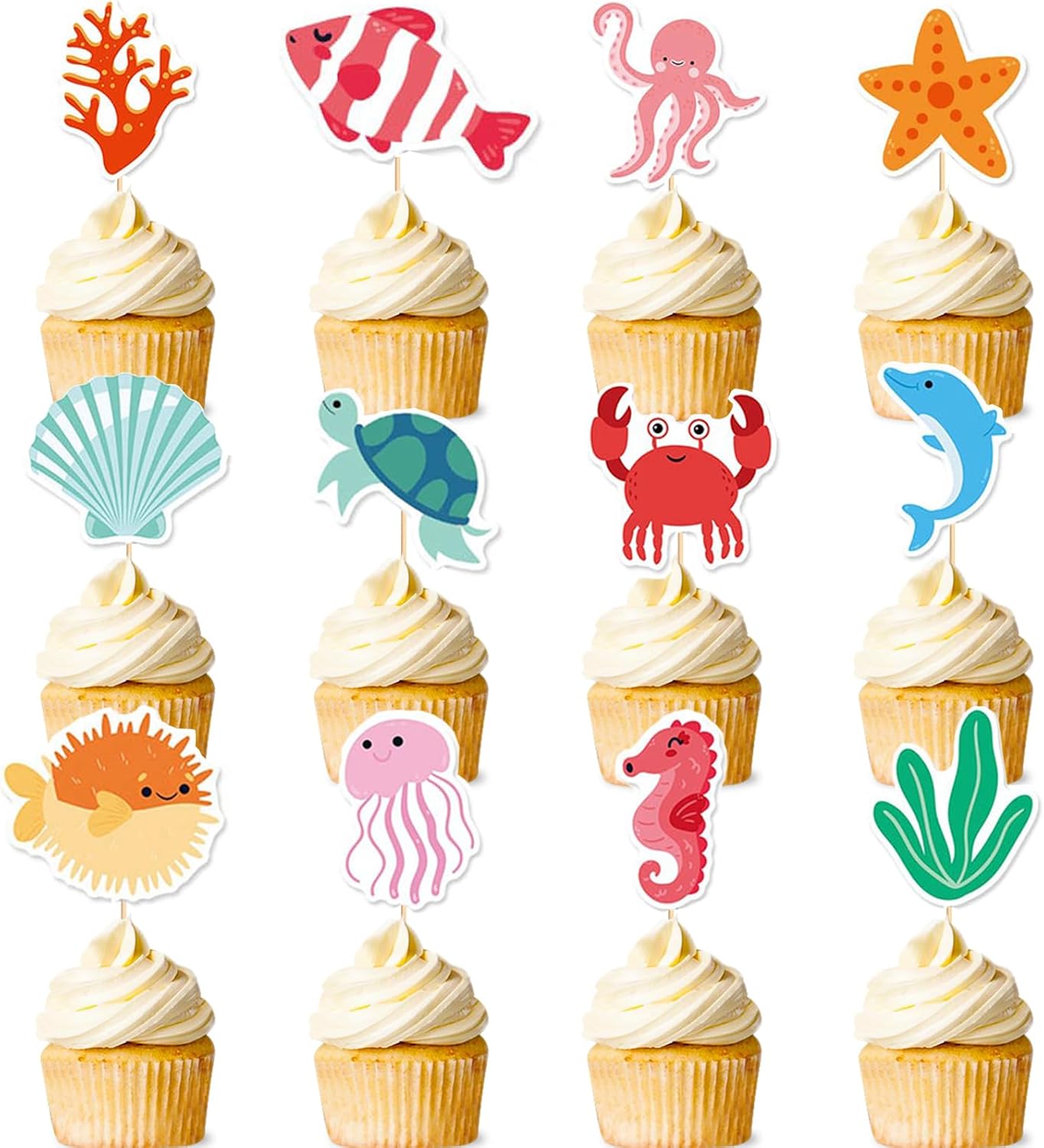 Ocean Cupcake Toppers,24 PCS Under The Sea Cupcake Toppers,Ocean Themed Party Decorations,Under The Sea Party Decorations