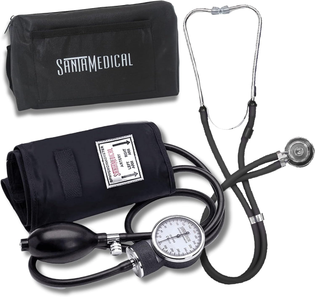 Santamedical Adult Deluxe Aneroid Sphygmomanometer with Stethoscope - Blood Pressure Cuff Durable and Carrying Case - Manual Blood Pressure Cuff Black