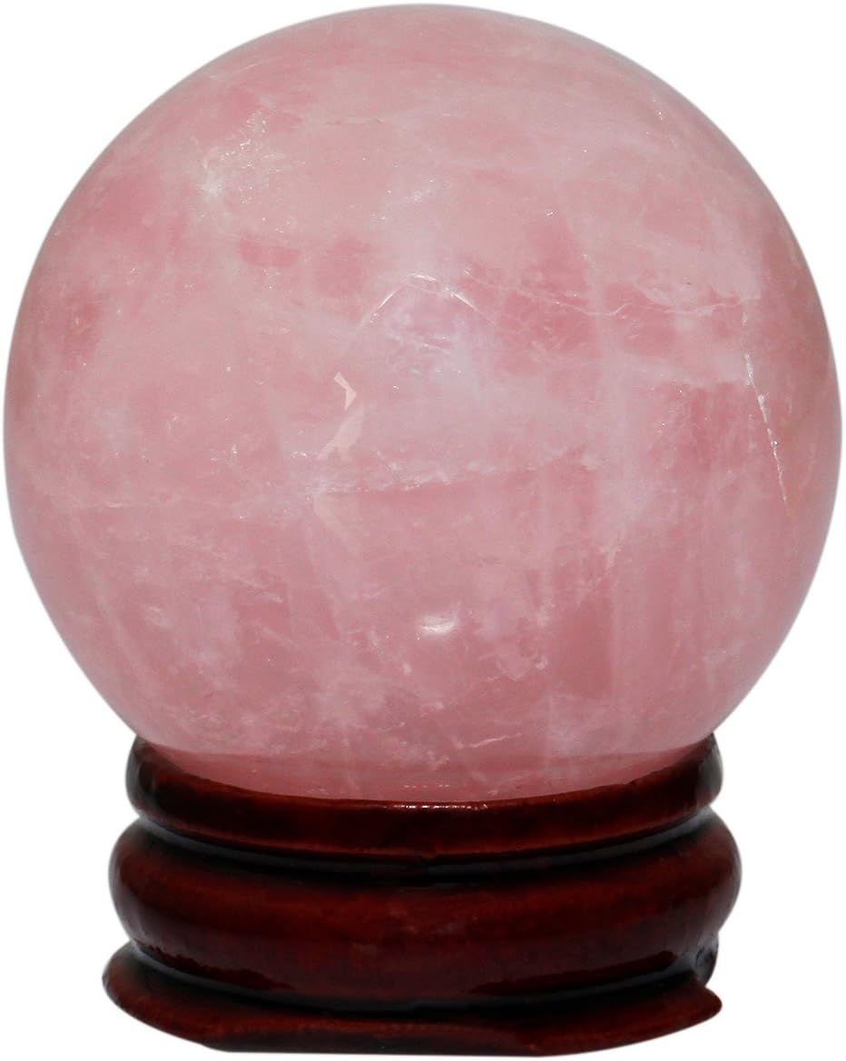 mookaitedecor Natural Rose Quartz Crystal Ball with Wood Stand, Healing Crystals Sphere Sculpture Home Decoration, 2.15"-2.35"