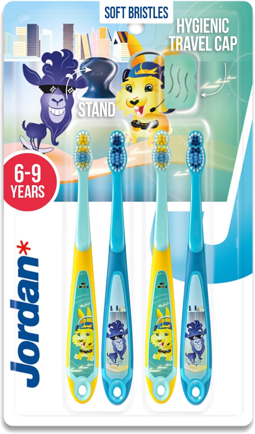 Jordan* ® | Step 3 Toothbrush for Children | Toothbrush for Ages 6 to 9 Years | Soft Bristles, Double Ergonomic Handle & BPA-Free | Blue & Green | Pack of 4