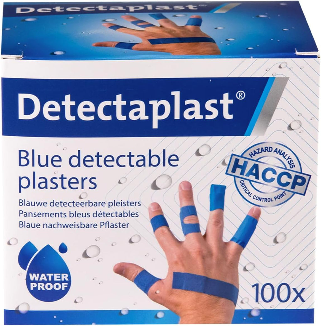 Detectaplast Universal Waterproof plasters, Metal detectable and Blue plasters, for Catering First aid kit in Food handling environments, Kitchen aid, 19 x 72, 25 x 72, Butterfly, Knuckle, 100 Strips