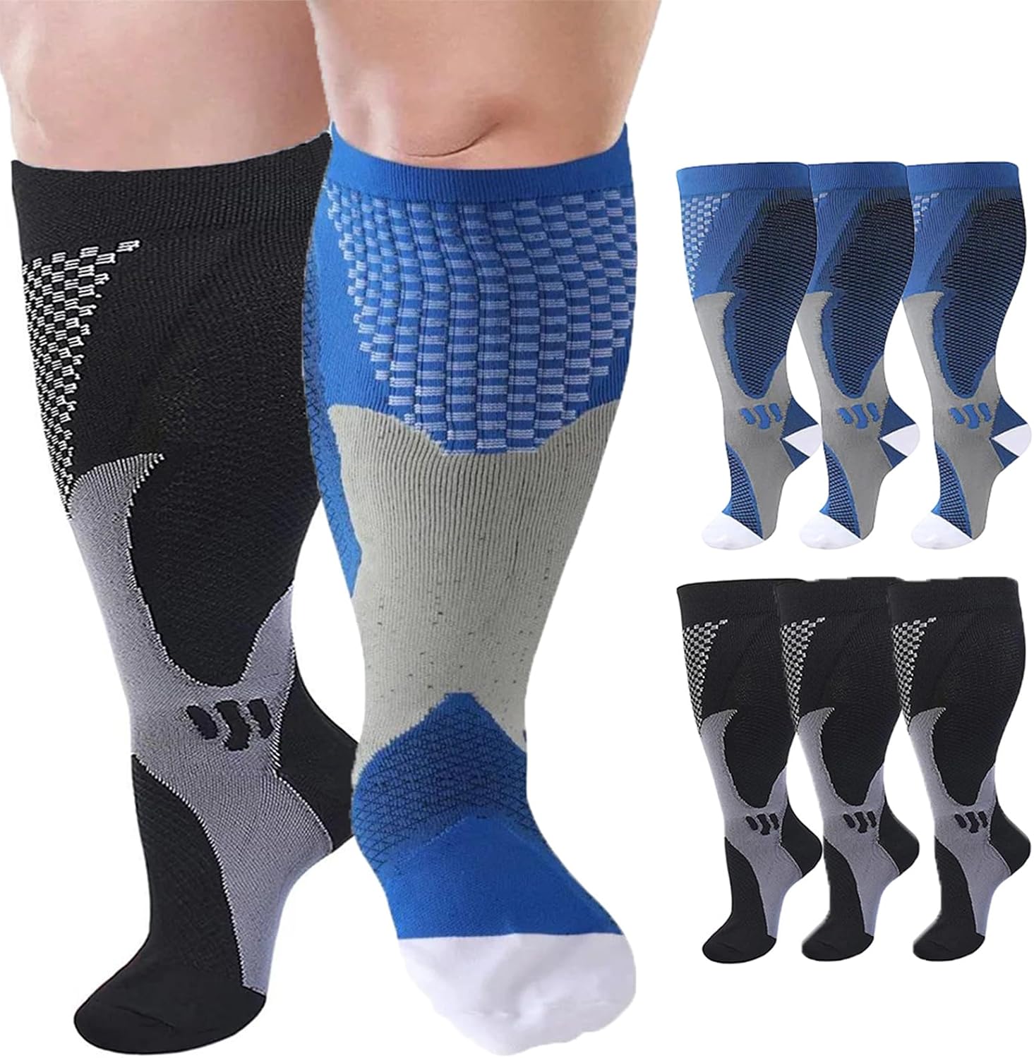 6 Pairs Plus Size Compression Socks Wide Calf for Men Women 20-30mmhg for Running Travel Flight Teachers