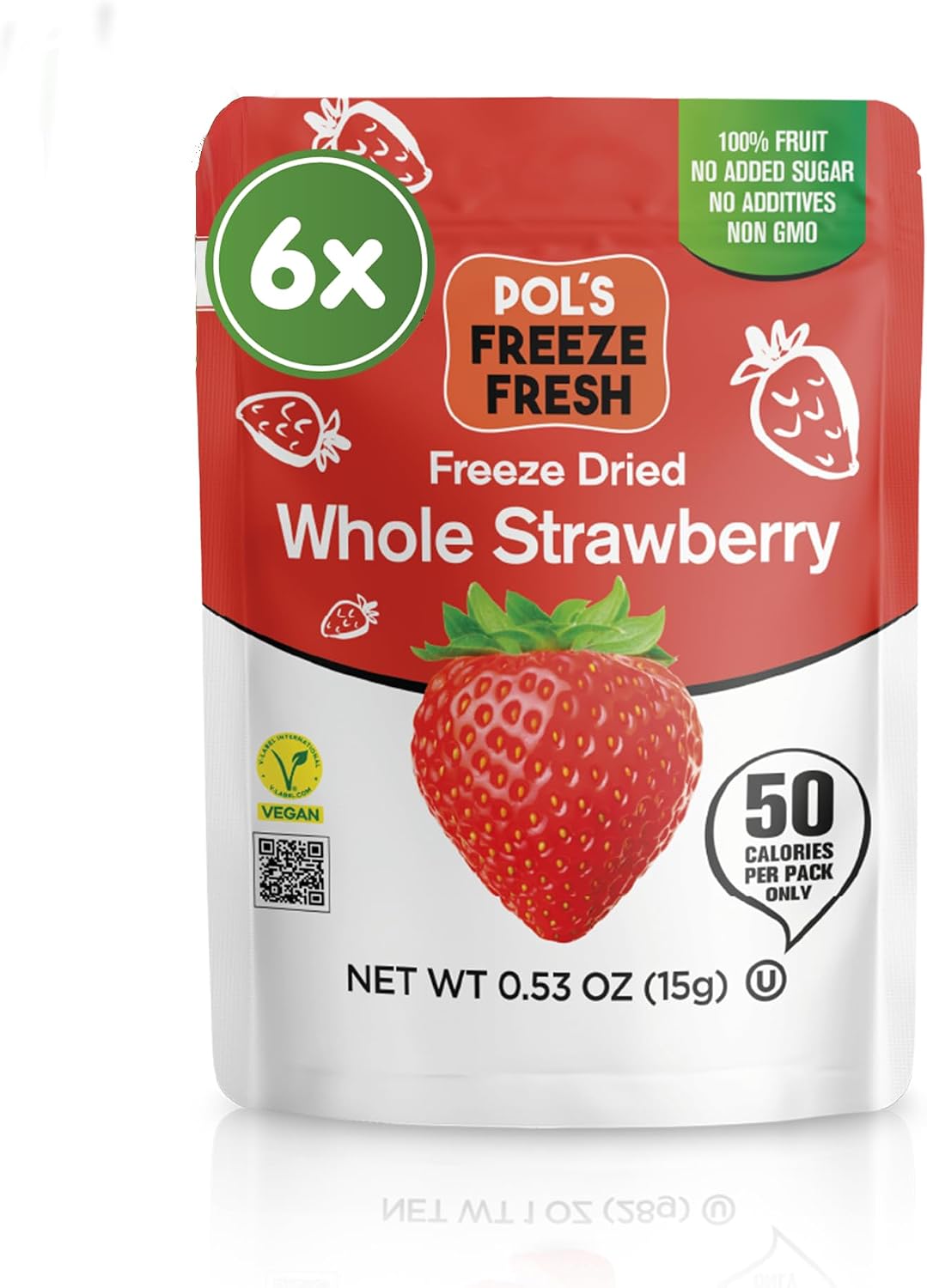 Pol's Fresh Freeze Dried Strawberries Whole, Single Ingredient, No Sugar Added, 6 Pack (0.53 oz Each) - Crispy Crunchy Healthy Fruit Snacks for Cereal, Yogurt & Smoothies, Gluten Free, Vegan, Kosher