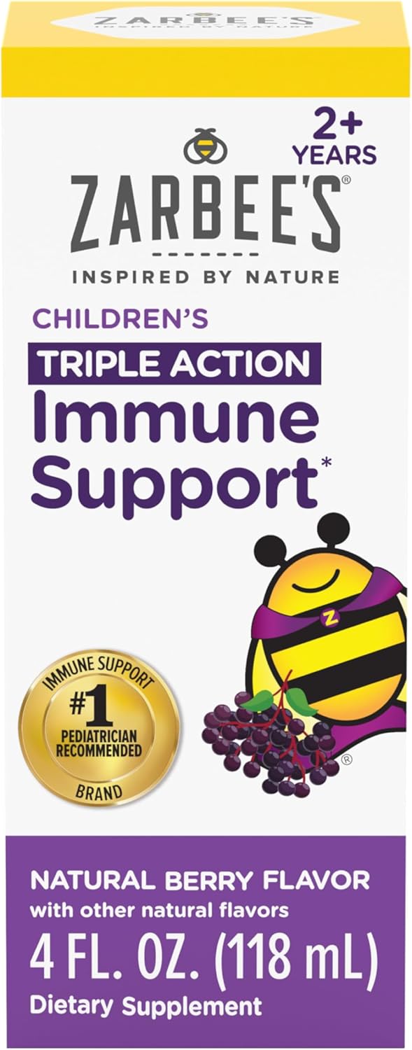 Zarbee's Elderberry Syrup for Kids, Daily Immune Support with Vitamin C & Zinc, Childrens Liquid Supplement, Natural Berry Flavor, 4 fl oz