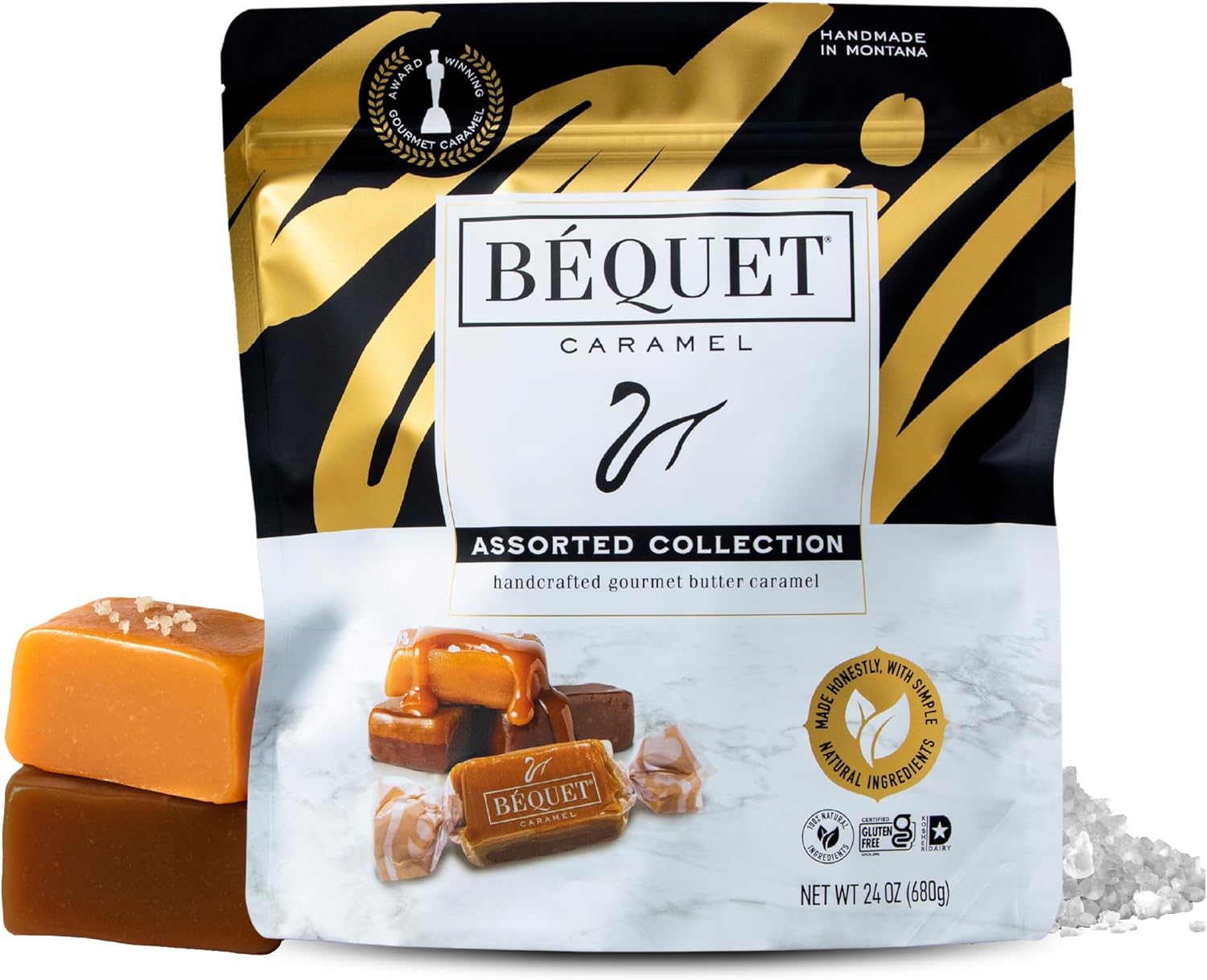 Béquet Assorted Caramels - Gourmet Individually Wrapped Candy Variety Pack - Celtic Sea Salt, Salt Chocolate, Classic Vanilla, Butterscotch, Green Apple, Salted Mocha & Salted Butterscotch - 24 oz Resealable Pouch