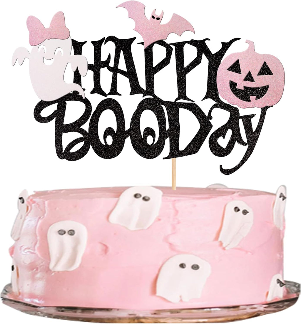 1 PCS Happy Boo Day Cake Topper Black and Pink Glitter Spooky Bow Bat Pumpkin Cake Pick Halloween Little Boo Cake Decorations for Halloween Theme Baby Shower Kids Birthday Party Supplies