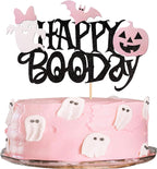 1 PCS Happy Boo Day Cake Topper Black and Pink Glitter Spooky Bow Bat Pumpkin Cake Pick Halloween Little Boo Cake Decorations for Halloween Theme Baby Shower Kids Birthday Party Supplies