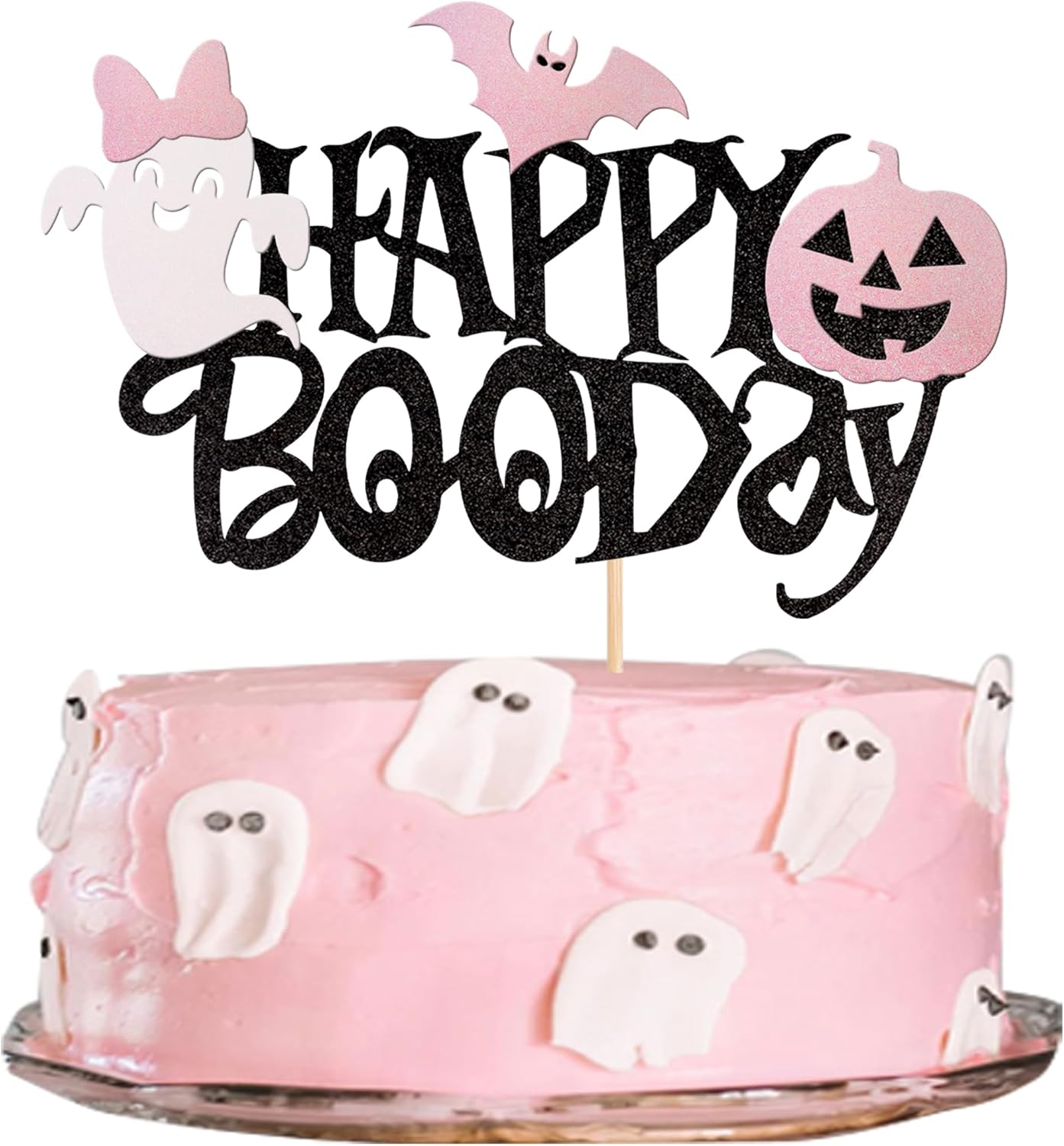 1 PCS Happy Boo Day Cake Topper Black and Pink Glitter Spooky Bow Bat Pumpkin Cake Pick Halloween Little Boo Cake Decorations for Halloween Theme Baby Shower Kids Birthday Party Supplies