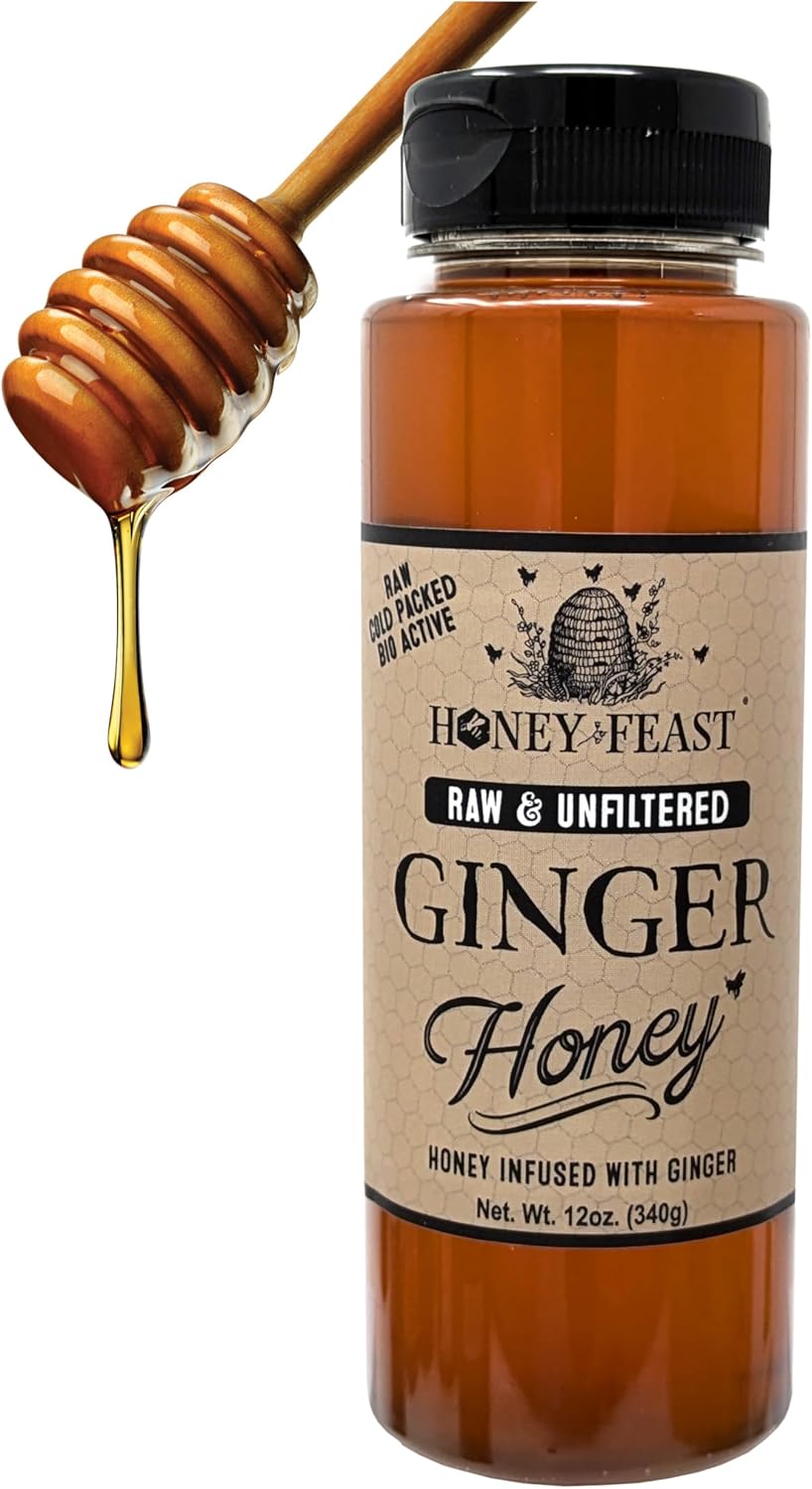 HONEY FEAST Ginger Honey, 12oz | Natural Ginger Root Infused | Perfect for Tea and Cooking