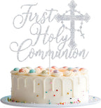 First Holy Communion Cake Topper, God Bless, Baptism Cake Decorations, First Communion Decor, Religious Baptism Christening Baby Shower 1st Birthday Party Decorations Silver Glitter