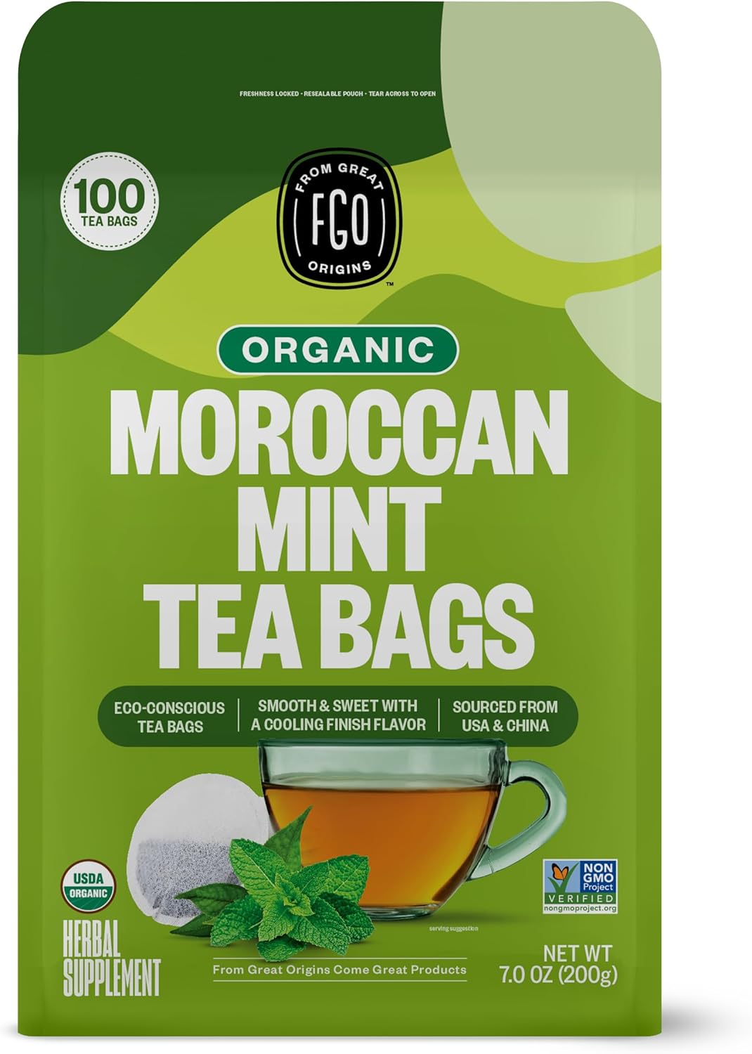 FGO Organic Moroccan Mint Green Tea, 100 Count, Eco-Conscious Tea Bags, Resealable Bag, Packaging May Vary (Pack of 1)