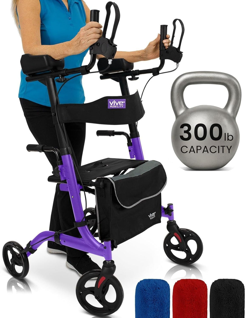 Vive Mobility Upright Walker with Seat - Stand Up Rollator, Arm Rests, Heavy Duty, Folding Medical Aid Scooter for Elderly, Seniors - Walking Assist, Foldable Transport Chair - 300 lb Capacity