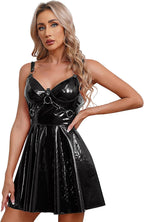 Woman's PVC Leather Shiny Skater Dress Wet Look A-Line Pleated Swing Short Dress Clubwear