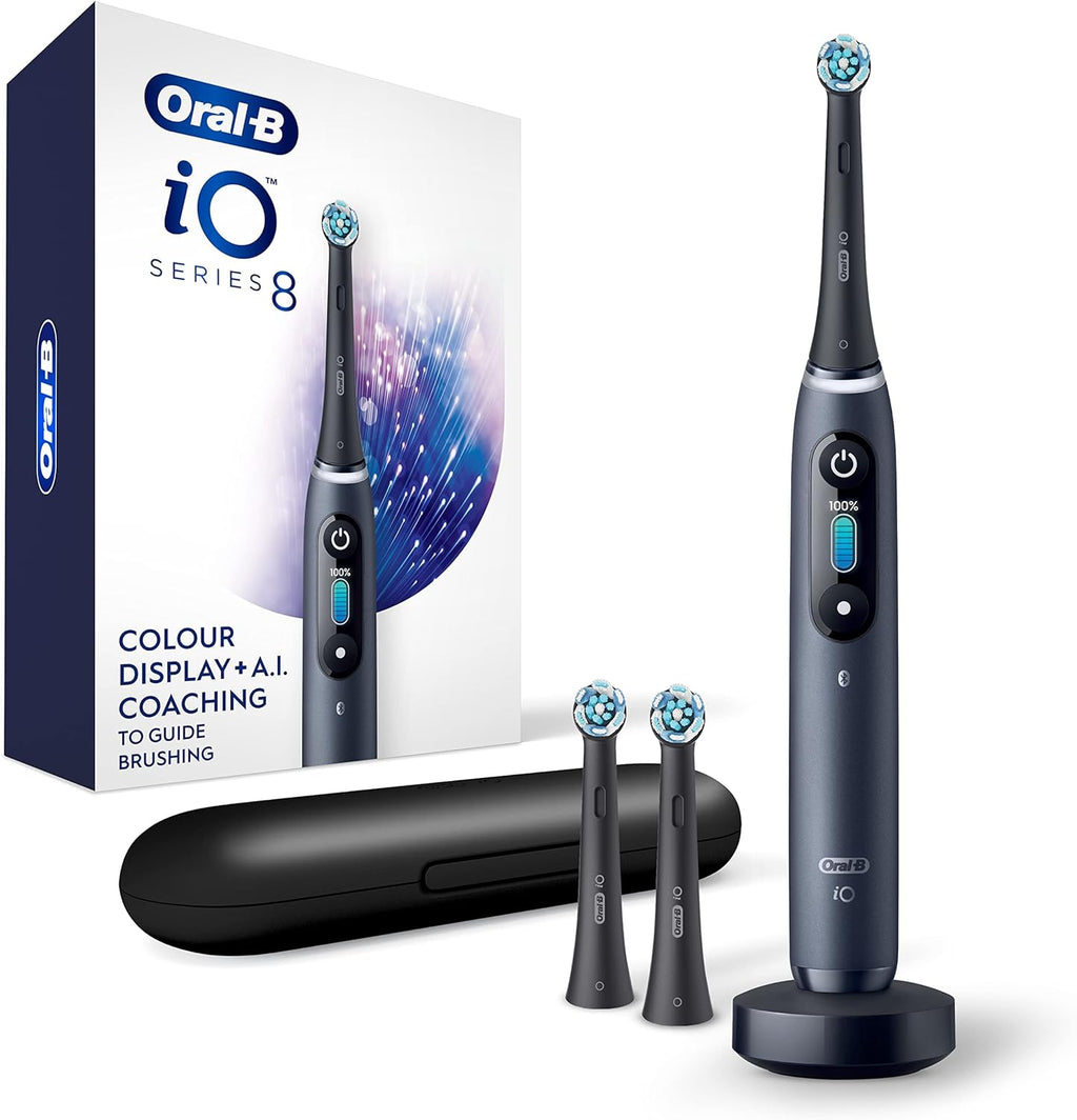 Oral-B iO Series 8 Electric Toothbrush with 2 Replacement Brush Heads and Travel Case, Rechargeable Toothbrush, Black Onyx