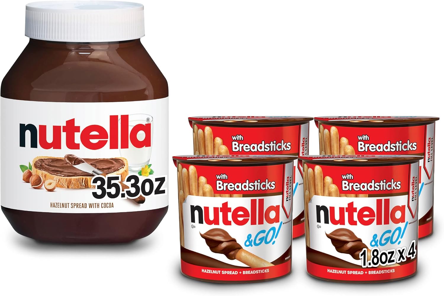 Nutella and Nutella & GO! Bundle, Hazelnut Spread with Cocoa Jar and Snack Packs with Breadsticks, 35.3 oz Jar and 4-Pack