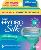 Schick Hydro Silk Sensitive Razor Blade Refills, 6 Count | 5-Blade Sensitive Skin Razors for Women | Womens Razor Refills for Sensitive Skin