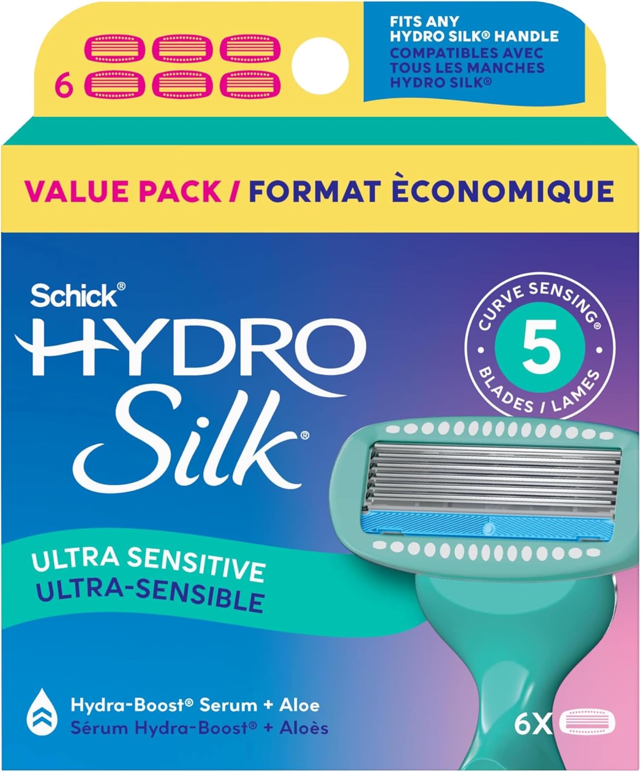 Schick Hydro Silk Sensitive Razor Blade Refills, 6 Count | 5-Blade Sensitive Skin Razors for Women | Womens Razor Refills for Sensitive Skin