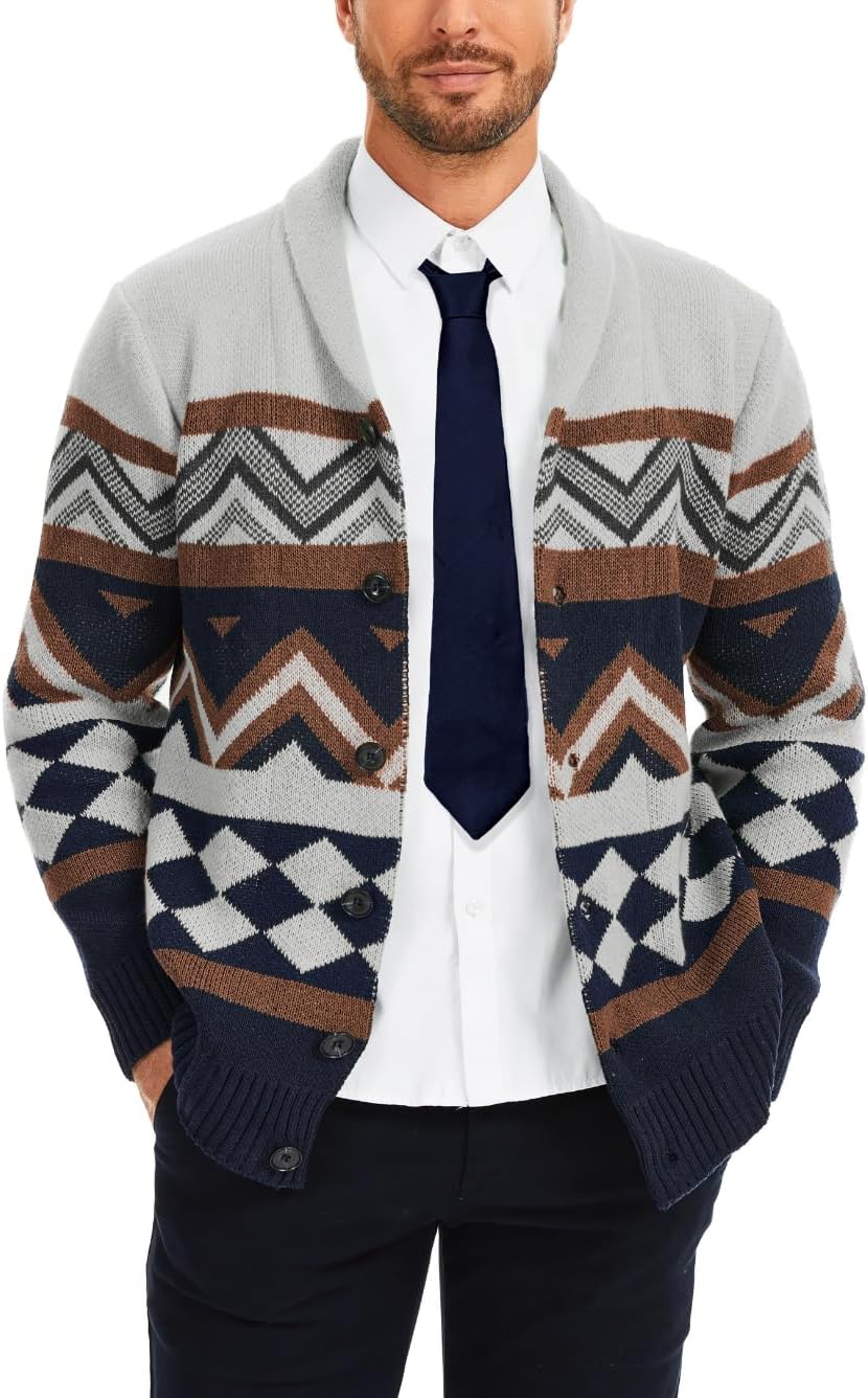 EHSUYAB Mens Cardigan Sweater, Shawl Collar Long Sleeve Button Down Color Block Graphic Print, Fall Winter Casual Outfits