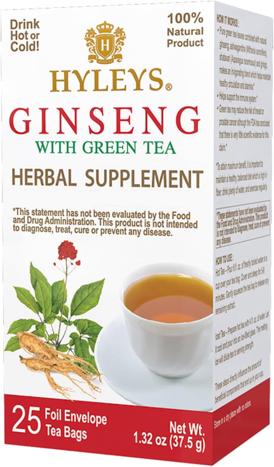 Hyleys Ginseng & Green Tea with Natural Guarana & Orange Flavor - Herbal Energy Tea - 25 Tea Bags