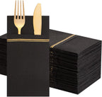 Nervure 100PCS Black Paper Napkins with Built-in Flatware Pocket - Black and Gold Prefolded Cloth Like Disposable Napkins - Heavy-duty Linen-Feel Dinner Napkins for Party & Halloween & Father's Day