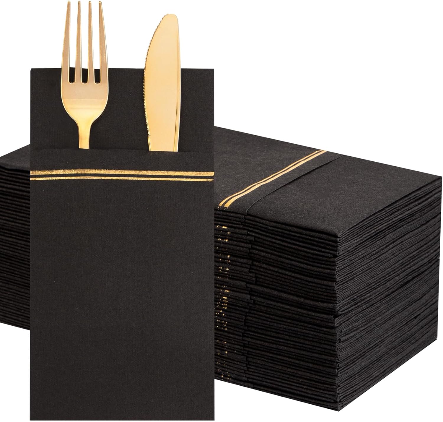 Nervure 100PCS Black Paper Napkins with Built-in Flatware Pocket - Black and Gold Prefolded Cloth Like Disposable Napkins - Heavy-duty Linen-Feel Dinner Napkins for Party & Halloween & Father's Day
