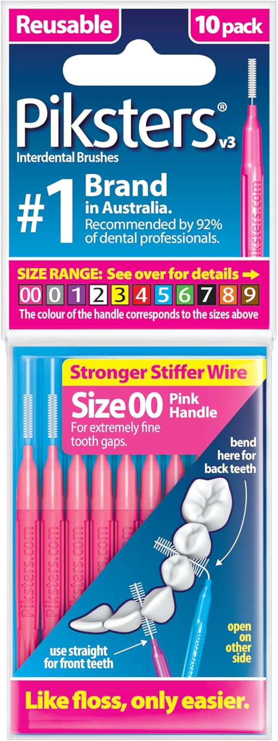 Piksters Interdental Brushes, 10 pk, Size 00, Interdental Tooth Brush for Extremely Tight Gaps, Gum Soft Bristles for Plaque Removal, Safe for Braces