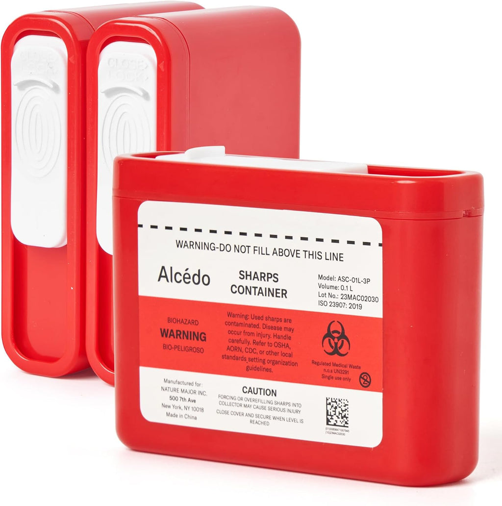 Alcedo Portable Sharps Container for Travel and Home Use (3-Pack), Small 0.1L Container for Diabetes Insulin Pen Needle Disposal, Mini Sharps Box, Medical Grade