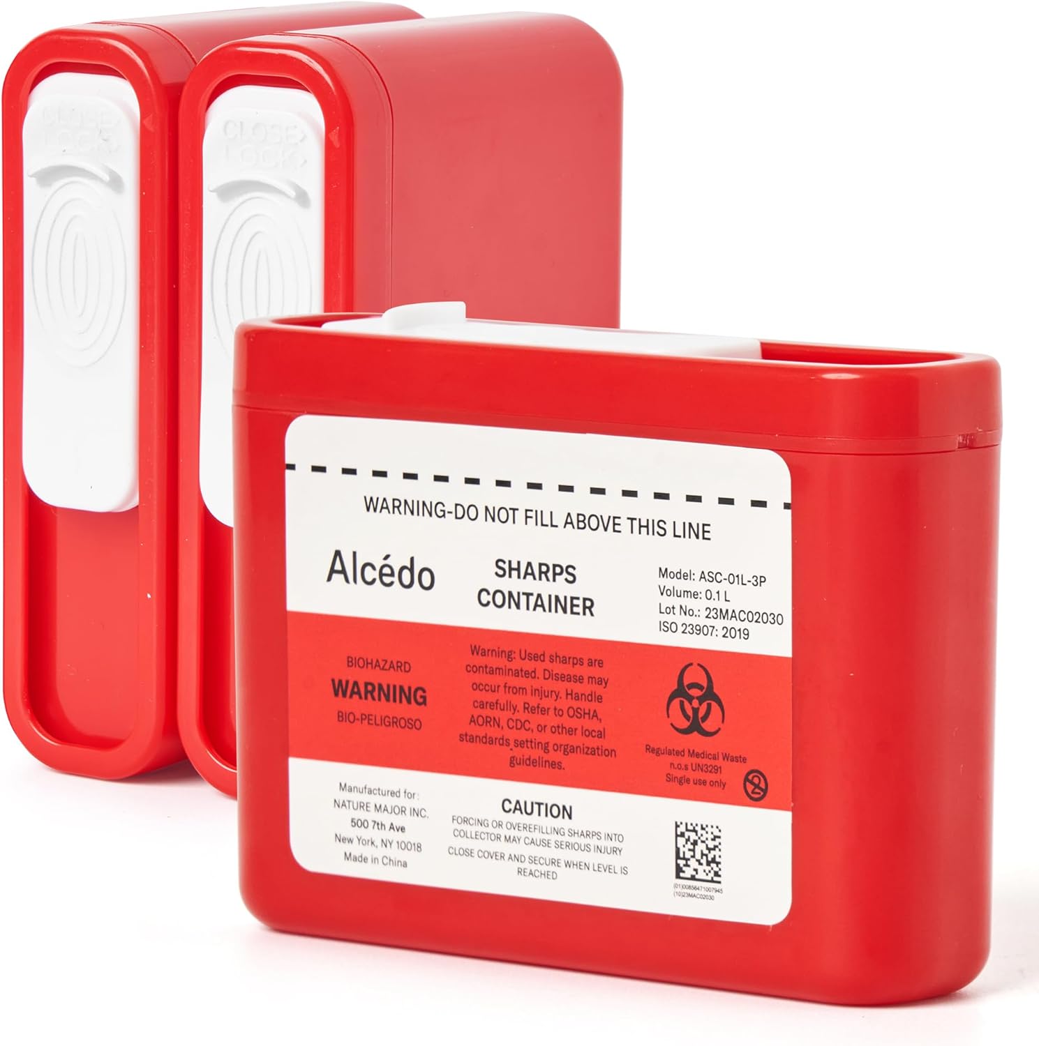 Alcedo Portable Sharps Container for Travel and Home Use (3-Pack), Small 0.1L Container for Diabetes Insulin Pen Needle Disposal, Mini Sharps Box, Medical Grade