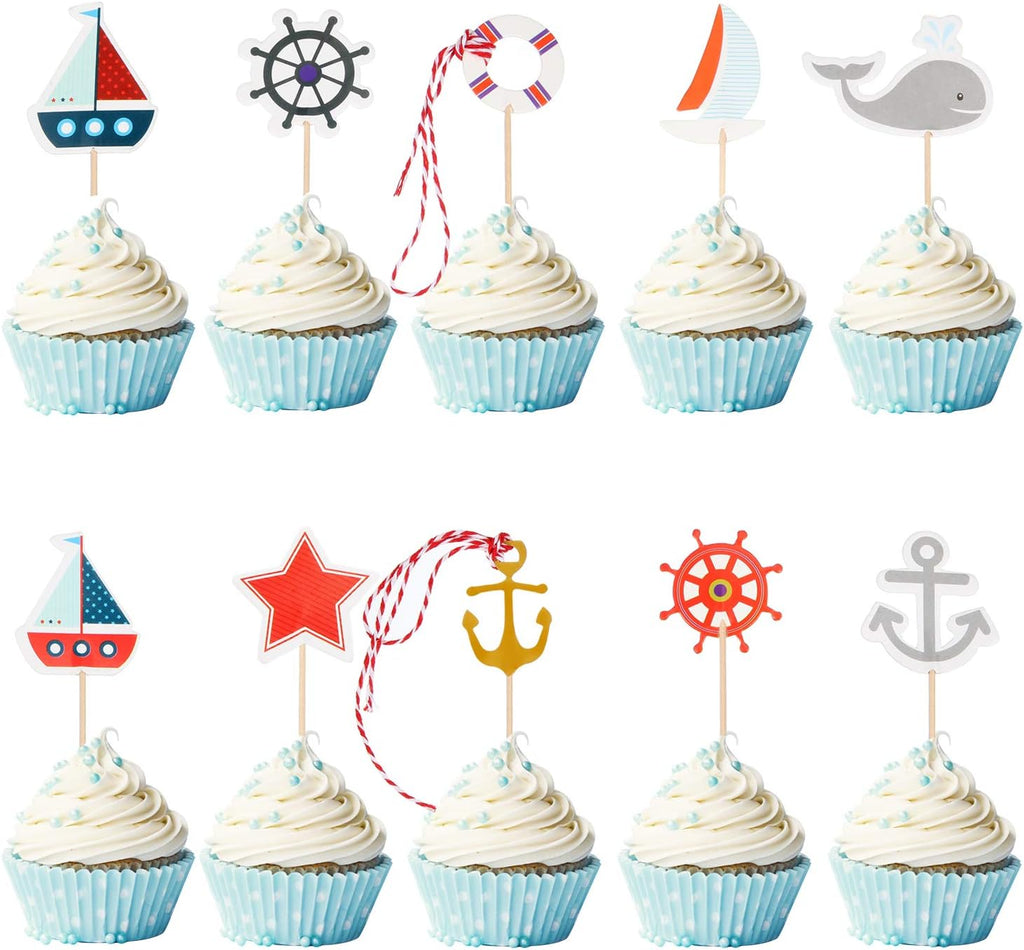 72 Pieces Nautical Cupcake Toppers Ocean Theme Toothpicks Birthday Cake Picks Decorations for Navy Baby Shower Party Favors Supplies