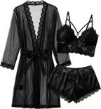 Avidlove Women Sexy Pajamas Set 3 Piece Lingerie Lace Cami Sleepwear and Silk Satin Pjs Sets with Mesh Kimono Robe