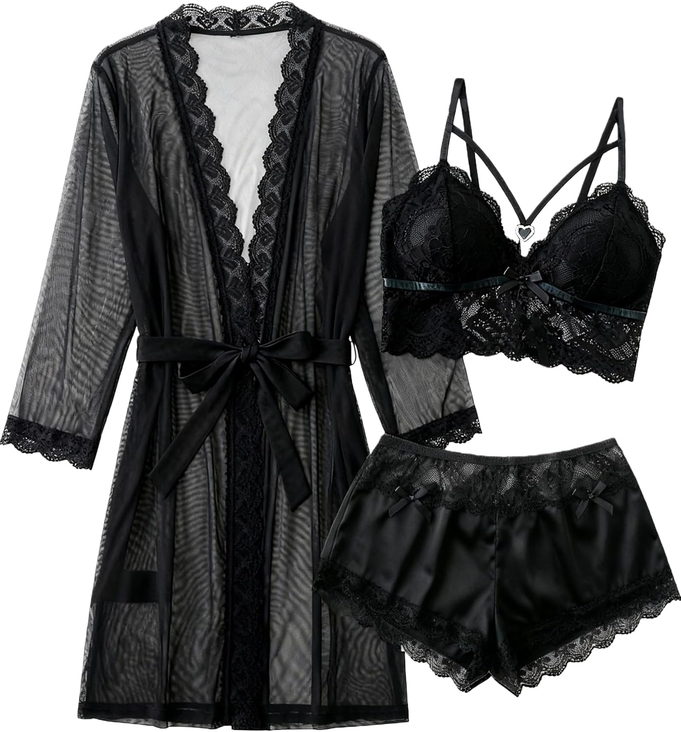 Avidlove Women Sexy Pajamas Set 3 Piece Lingerie Lace Cami Sleepwear and Silk Satin Pjs Sets with Mesh Kimono Robe