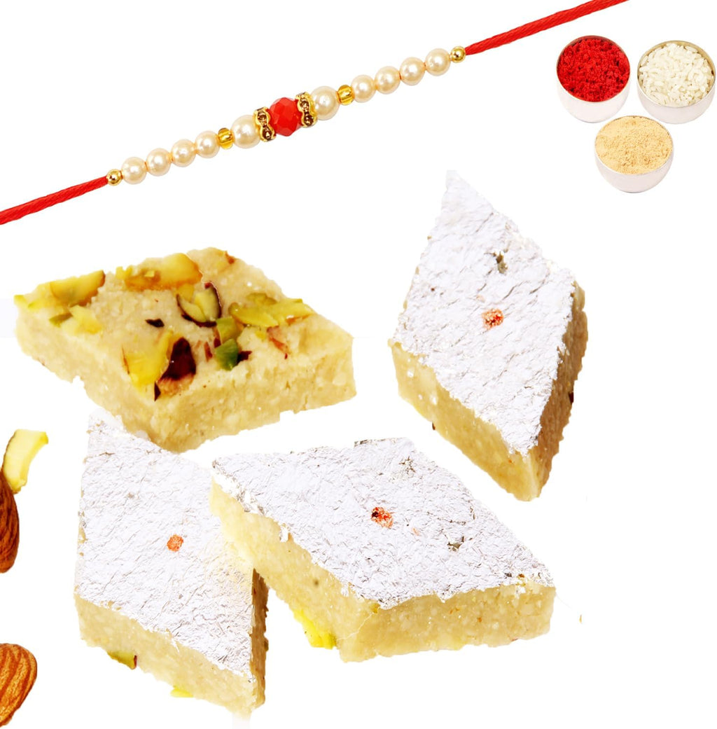 Ghasitaram Gifts Rakhi Gifts for Brothers Rakhi Sweets - Pure BADAM KATLI 800 GMS with Beads Rakhi