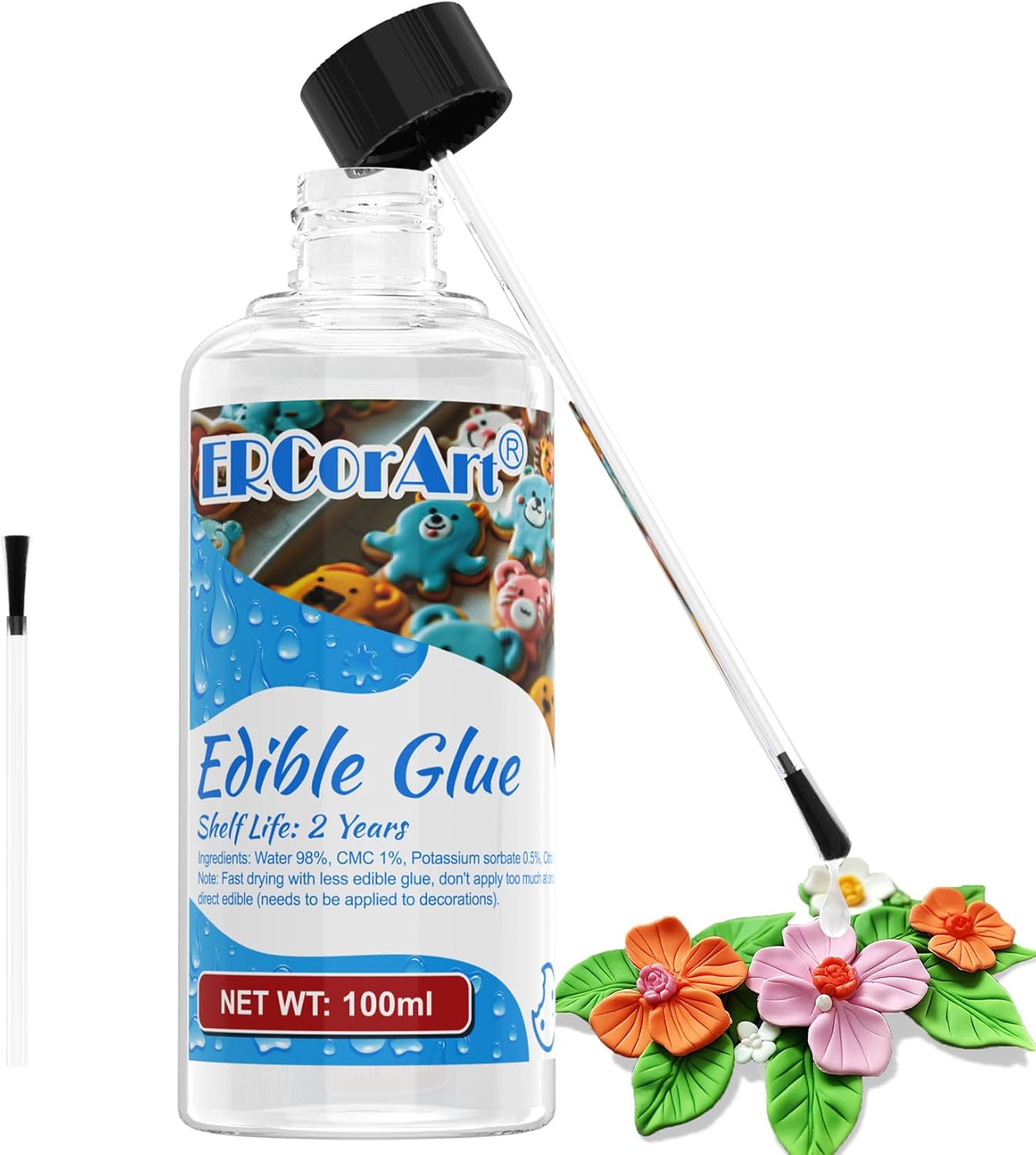 Edible Glue for Cake Decorating - Transparent Edible Flowers Cake Adhesive for Fondant, Icing Decorating, Cookie, Baking, Buttercream - 100ml/3.4 oz