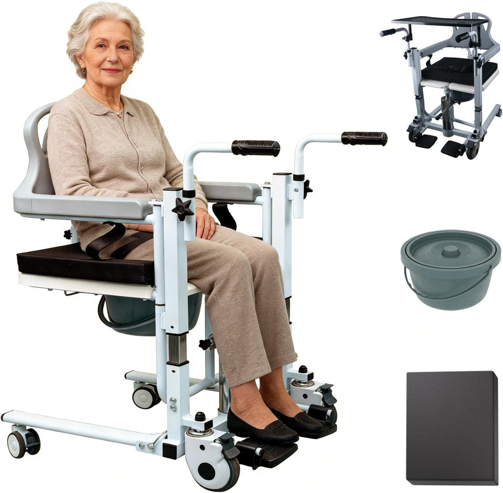 Hydraulic Patient Transfer Lift Chair, Height Adjustable Patient Lifting and Transfer Chair 4 in 1 Shower Chair, Heavy Duty Steel Frame, 350 lbs Capacity for for Elderly, Bed to Toilet (Grey)