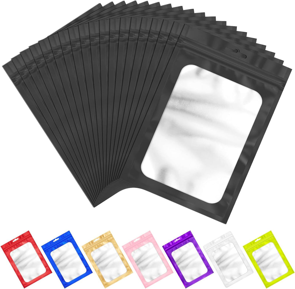 ANZNKU 100 Pack Black Resealable Mylar Bags with Frosted Clear Window, Smell Proof Sealable Packaging Bags for Small Business, Foil Pouch Zip Bag for Food Candy Treat Heat Seal Storage(2.75×3.93 in)