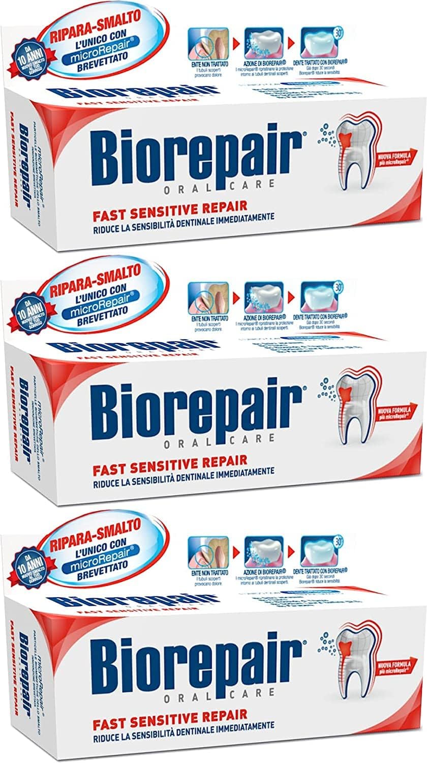 Biorepair: Fast Sensitive Repair Toothpaste with microRepair, New Formula - 2.5 Fluid Ounce (75ml) Tubes (Pack of 3) [ Italian Import ]