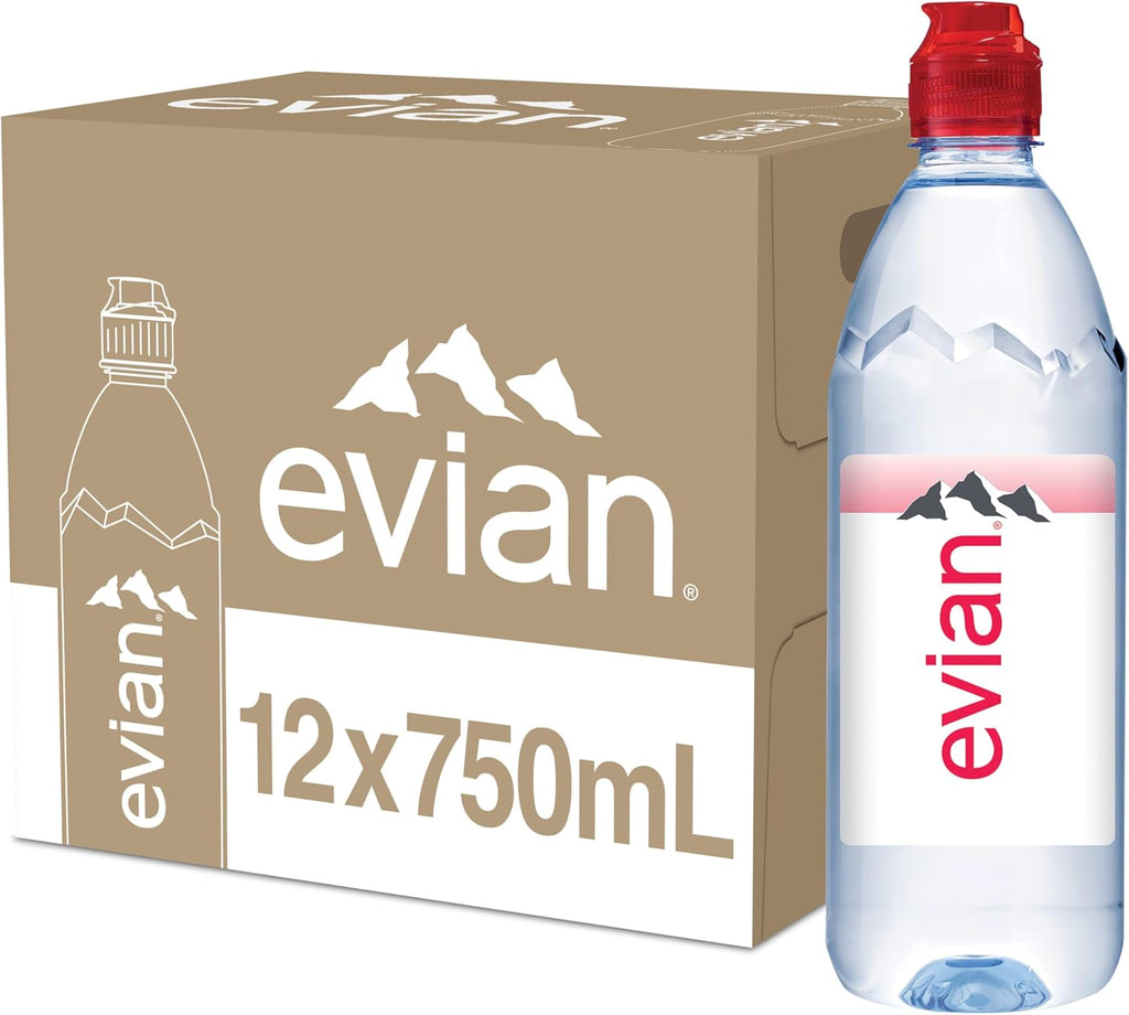 evian Natural Spring Water, 750 ml (25.36 fluid ounce) Water Bottle with Sports Cap, 12 Pack