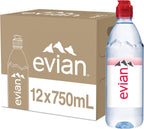 evian Natural Spring Water, 750 ml (25.36 fluid ounce) Water Bottle with Sports Cap, 12 Pack