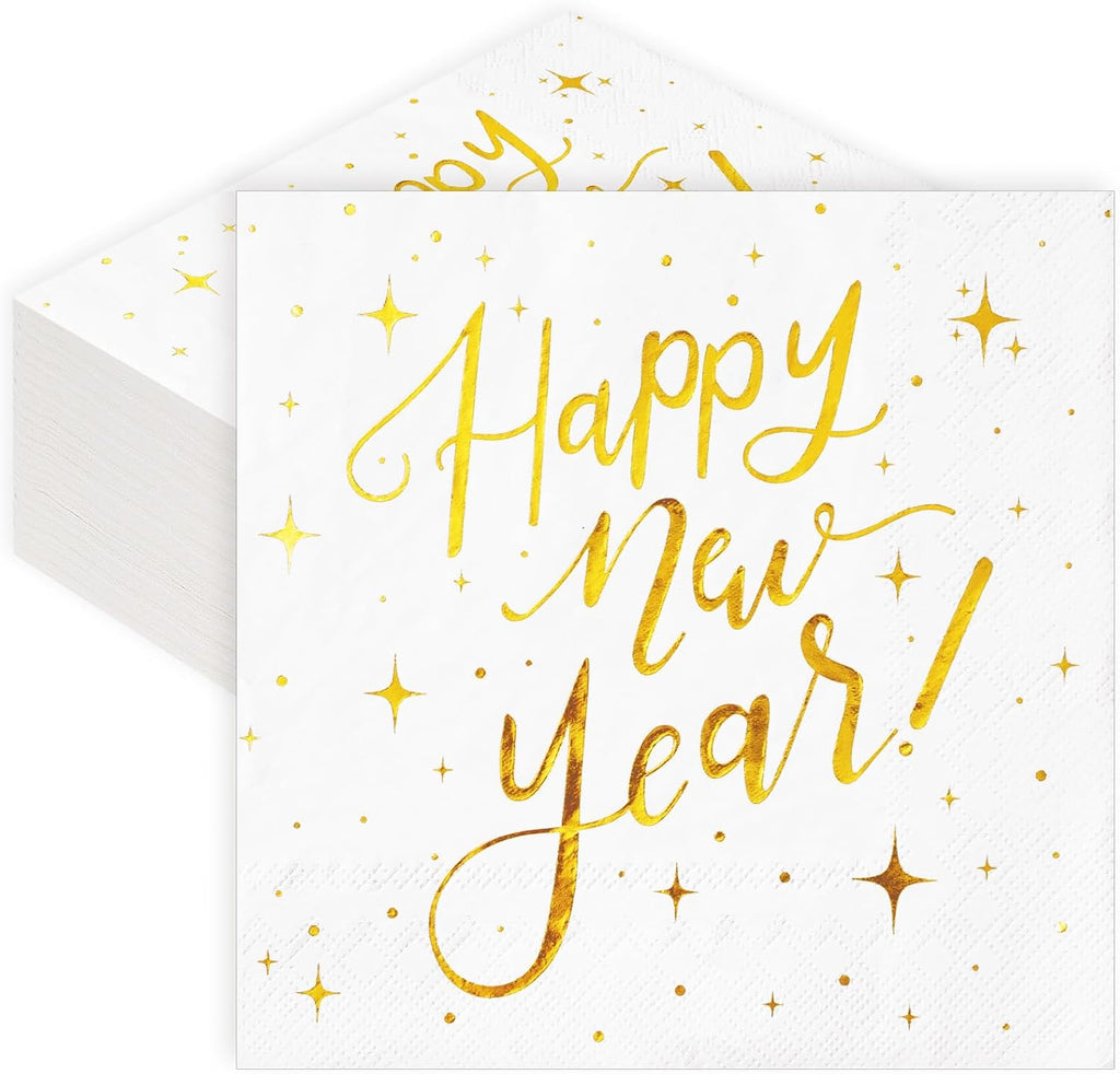 Whaline 80 Pack New Year Napkins 6.5 x 6.5 Inch White Gold Foil Disposable Napkins Happy New Year Dinner Napkins Decorative Holiday Party Paper Napkins for New Year Christmas Party Supplies