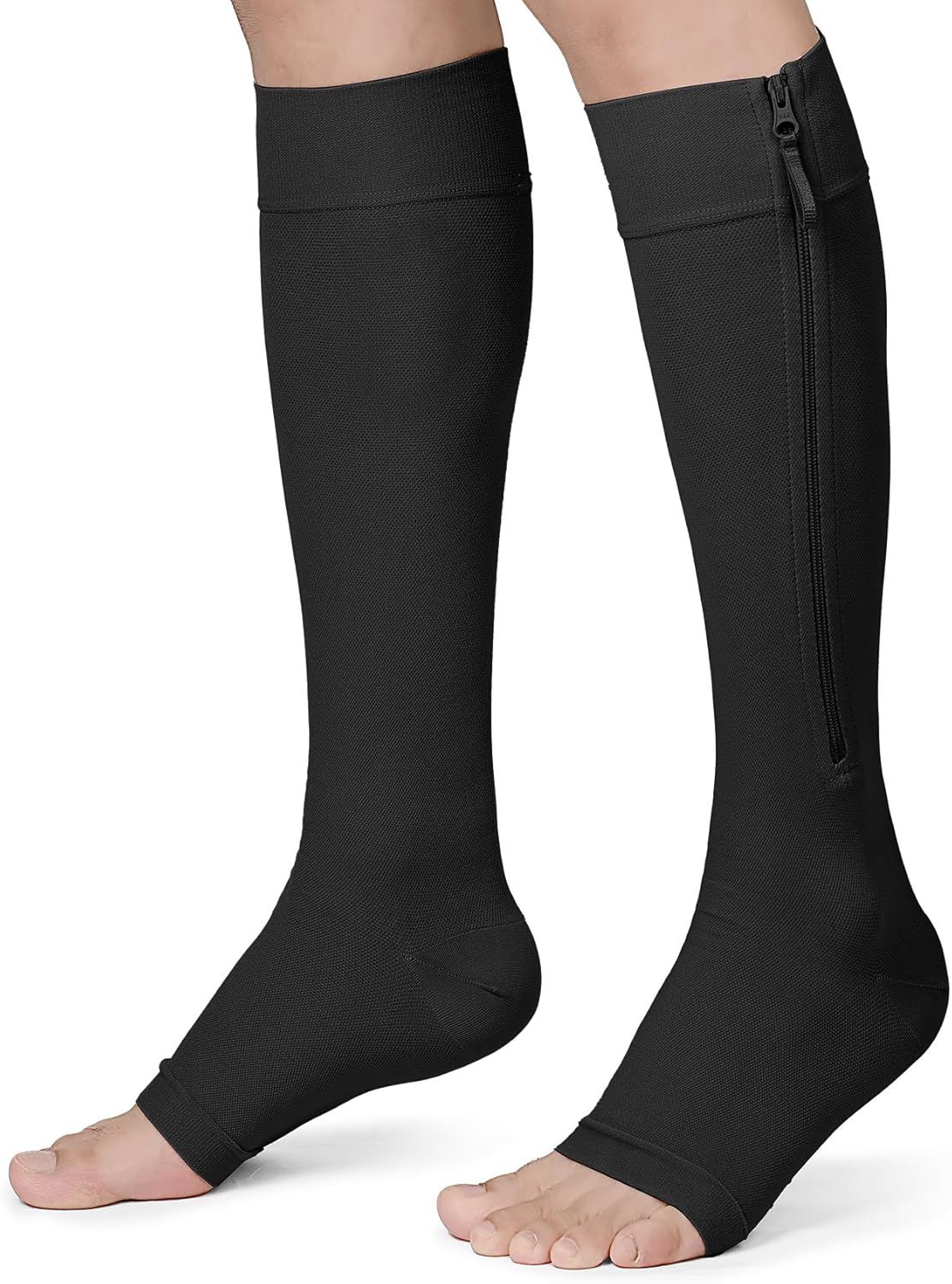 KEKING® Zipper Compression Socks for Men Women, Open Toe, 20-30mmHg Firm Support Knee High Zipper Compression Stockings for Wide Calf - Varicose Veins, DVT, Shin Splints, Edema, Nursing, Black XXL
