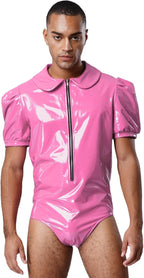 Alvivi Mens PVC Leather Lace Trim Sissy Maid Cosplay Bodysuit Short Sleeve Wet Look Leotard Catsuit